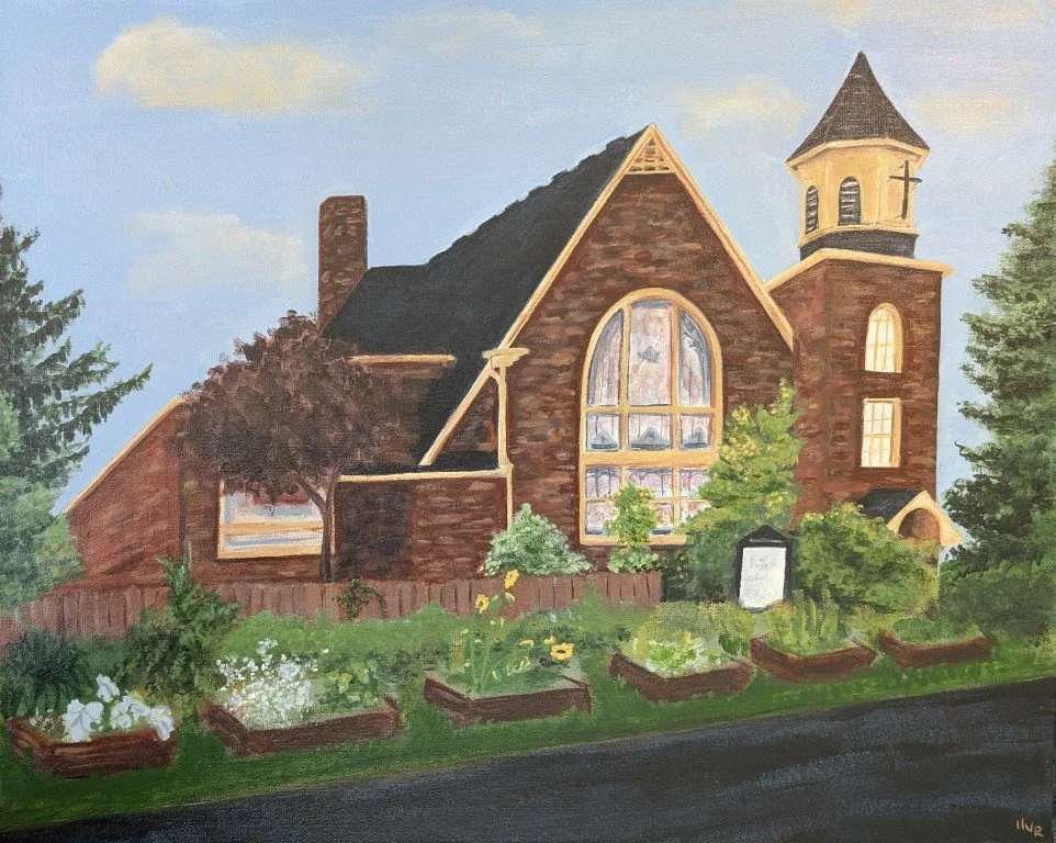 Painting of a brick church with a tall steeple, large arched window, surrounded by trees and a well-maintained garden with raised flower beds.