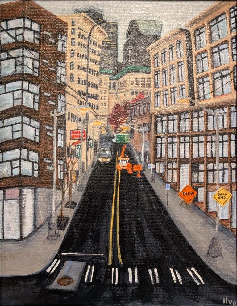 Impressionist style art of a steep Seattle street, top obscured by fog.