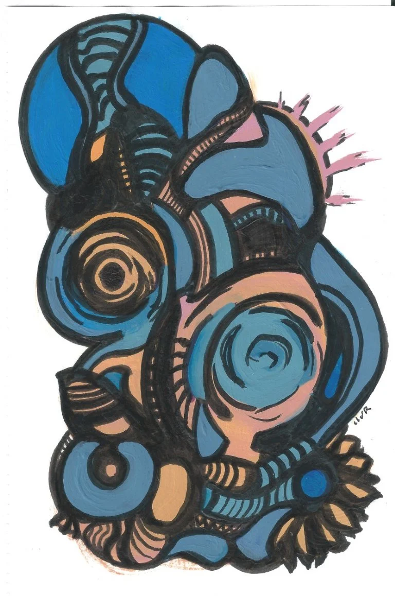 An abstract painting featuring various circular and spiral shapes in shades of blue, black, and beige, with some pink accents, creating a complex, layered design.