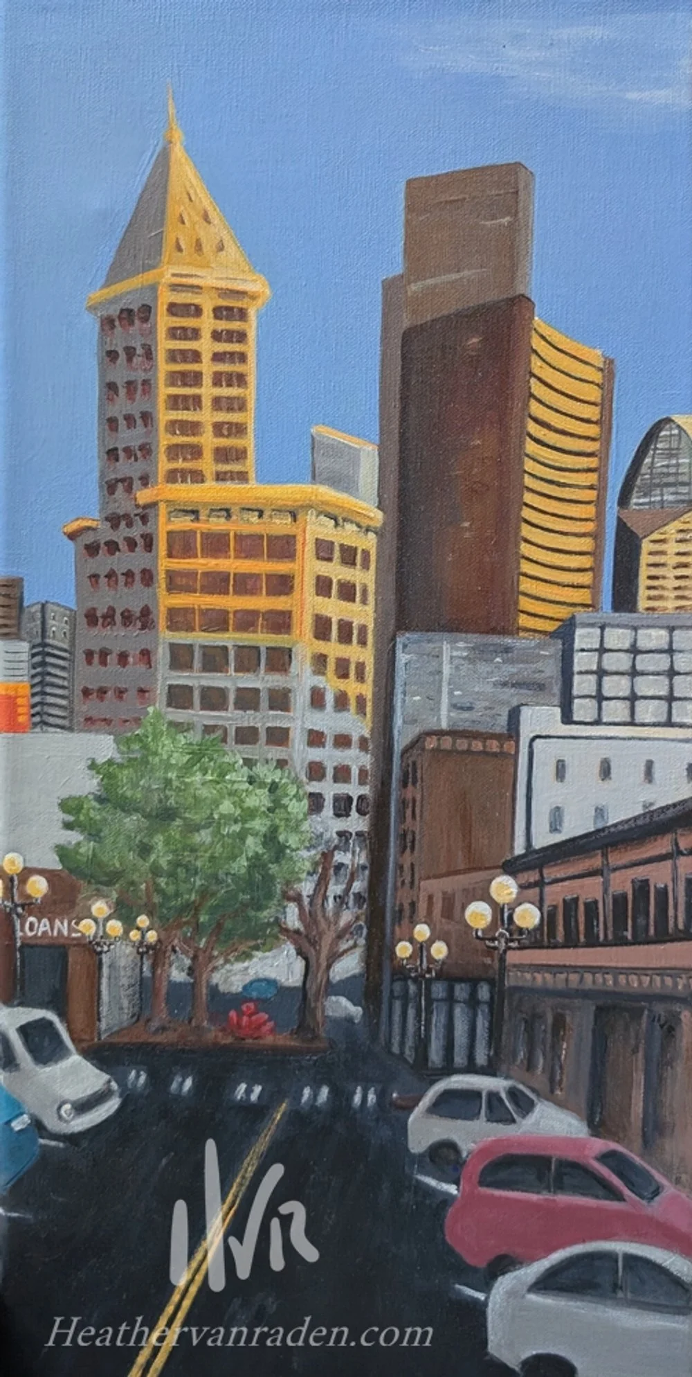 Painting of a cityscape featuring tall skyscrapers, trees, parked cars, and streetlights under a clear blue sky.