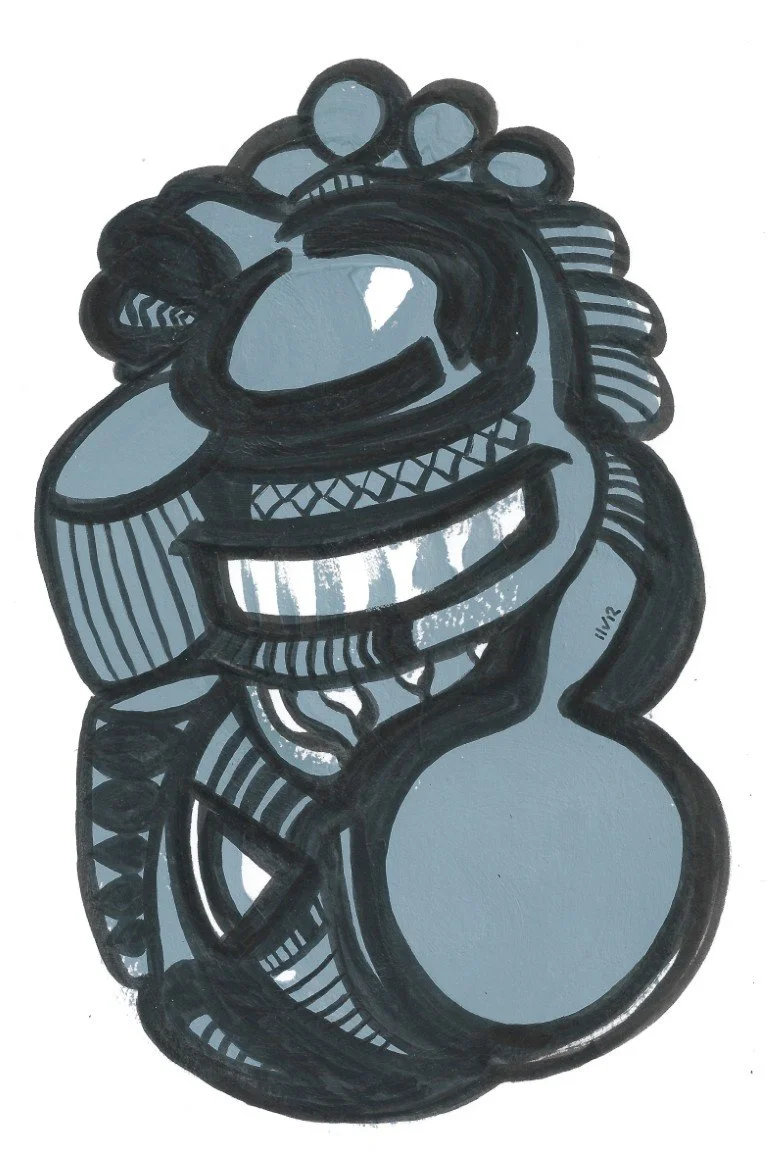 Abstract black and gray sketch of a stylized flower with a rounded shape, intricate patterns, and bold outlines.