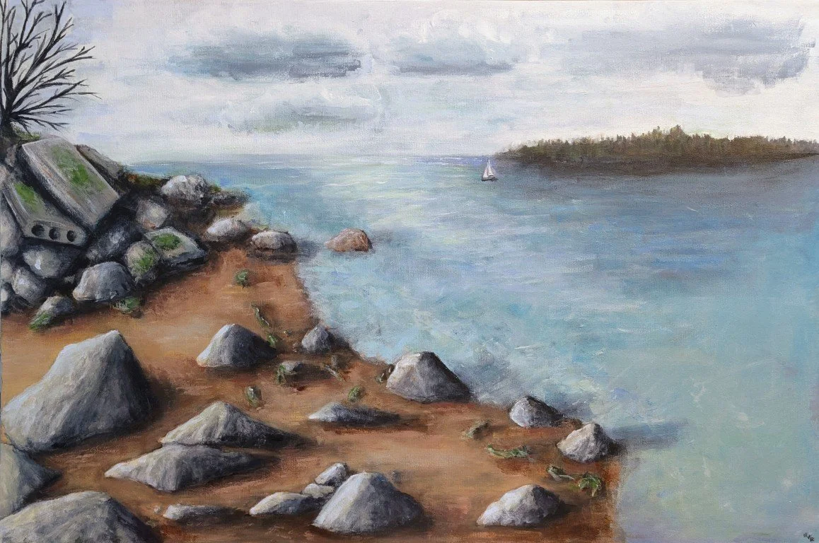 A landscape painting of a rocky shoreline with water, a small sailboat, and a distant landmass with a forest, under a cloudy sky.
