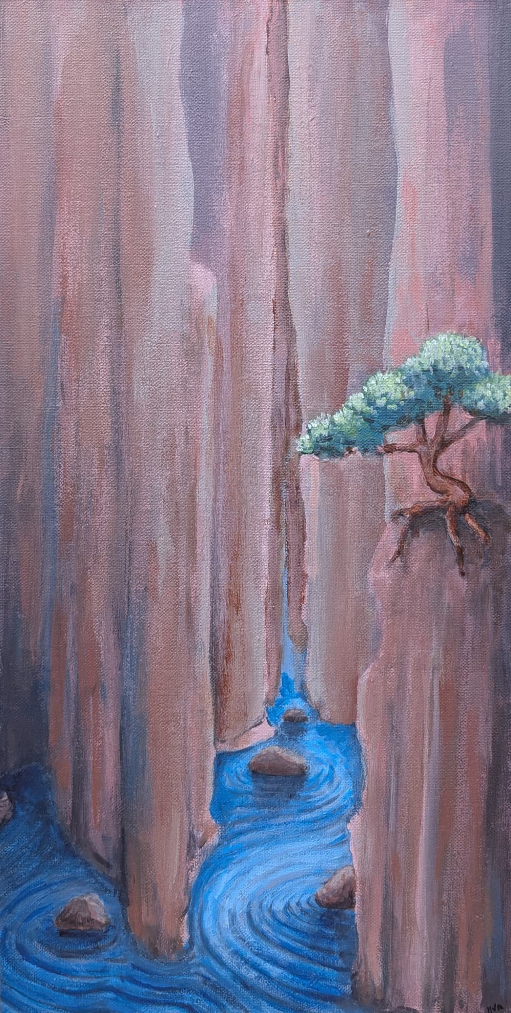 A painting of a narrow canyon with tall, reddish-brown rock walls, a small stream flowing through the canyon, and a bonsai tree growing on a rock ledge.