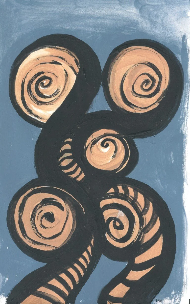 Abstract painting of a figure with a body and head made up of black spirals and swirls on a blue background.