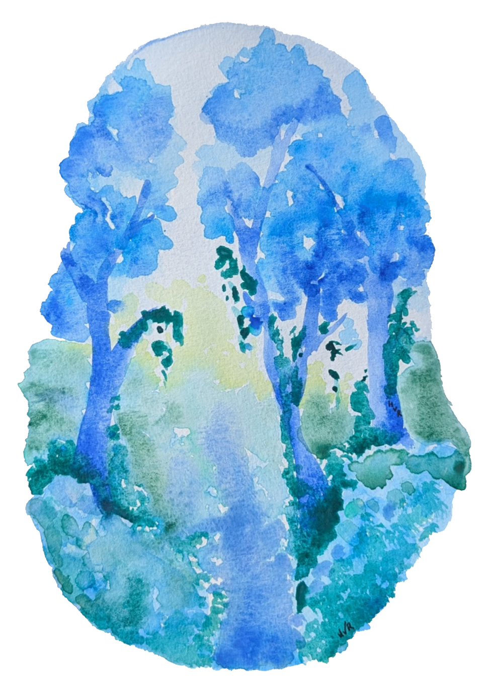 A watercolor painting of a pathway through a wooded area with tall trees on either side, using shades of blue and green.