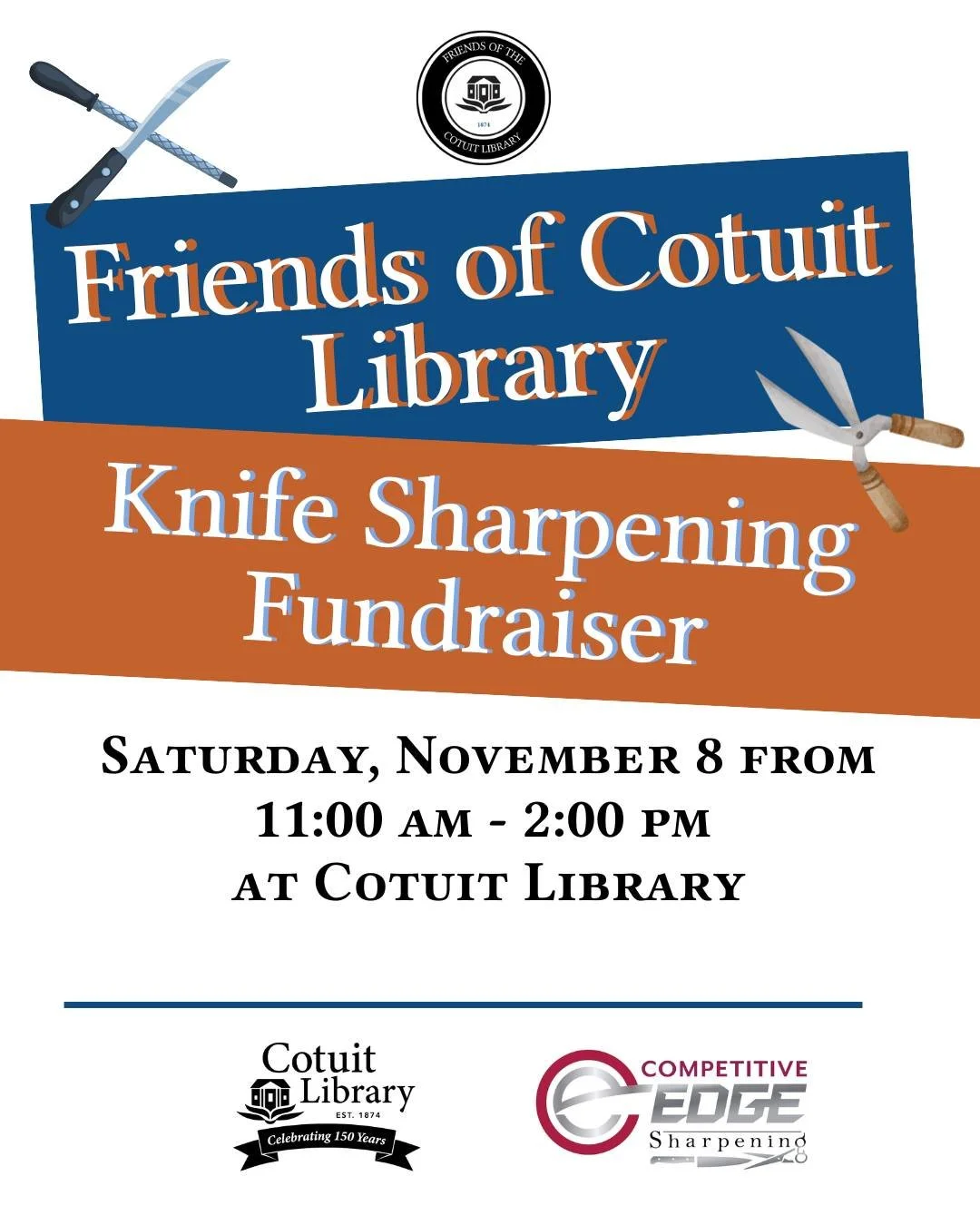 🔪✨ Ready to sharpen up? Join us for the Friends of Cotuit Library Knife Sharpening Fundraiser!

 Bring your kitchen knives, scissors, garden tools, and more for professional sharpening&mdash;while supporting your library. Pricing is reasonable, and 