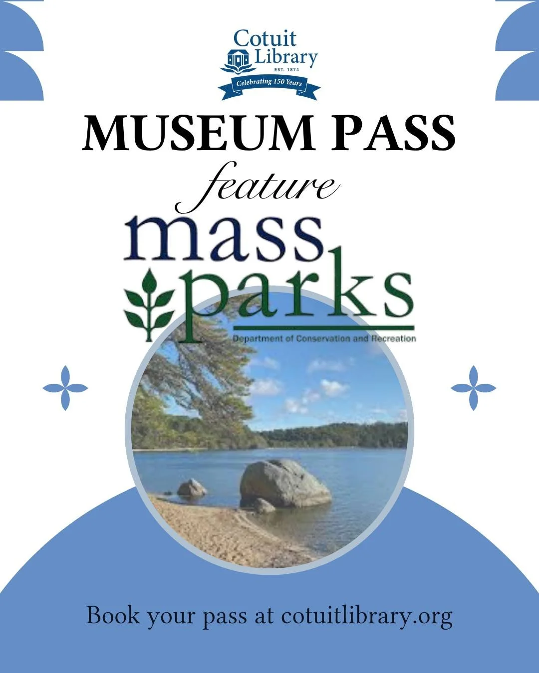 🚗 Explore Massachusetts Parks with Ease!

Enjoy nature without the hassle &mdash; Cotuit Library now offers the Massachusetts Parks Pass, which waives parking fees at most state parks and beaches across the Commonwealth.

Whether you're planning a s