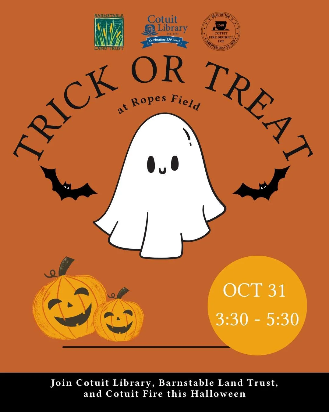 Reminder! 👻 Kick off Halloween with community fun at Ropes Field! 🎃

Join the Cotuit Fire Department, Barnstable Land Trust, and Cotuit Library for an afternoon filled with games, crafts, candy, and plenty of spooky spirit. Don&rsquo;t miss the Pet