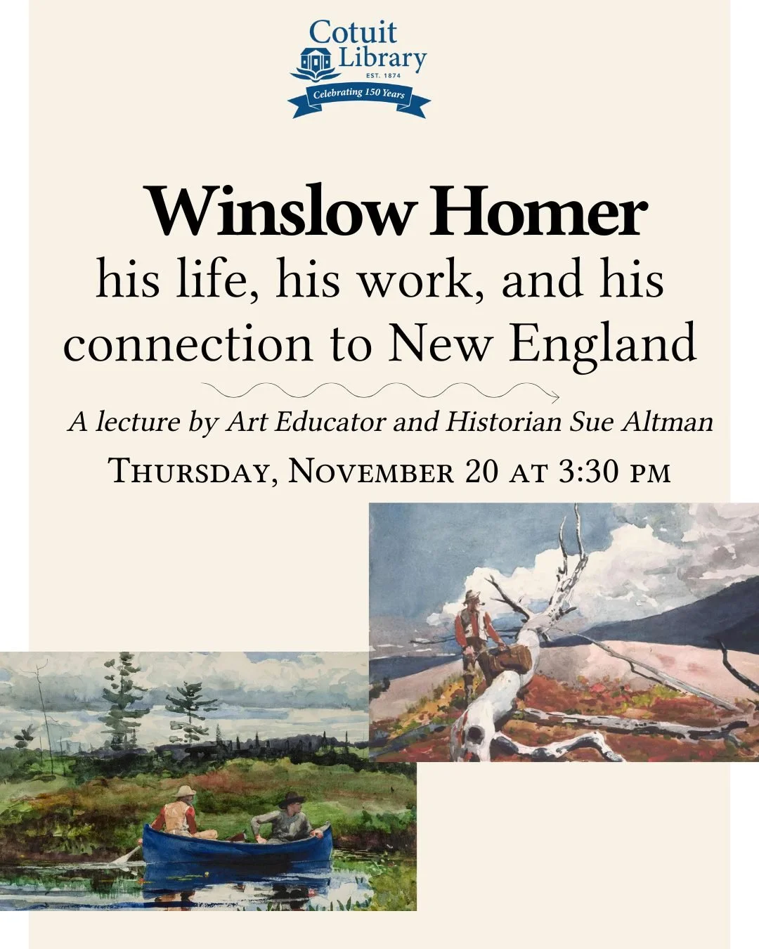 Don&rsquo;t miss our in-person art talk this Thursday, November 20th at 3:30 PM! 

Art historian Suzanne Altman will explore the life and legacy of Winslow Homer, whose works captured the spirit of the sea and the American landscape.

Reserve your se