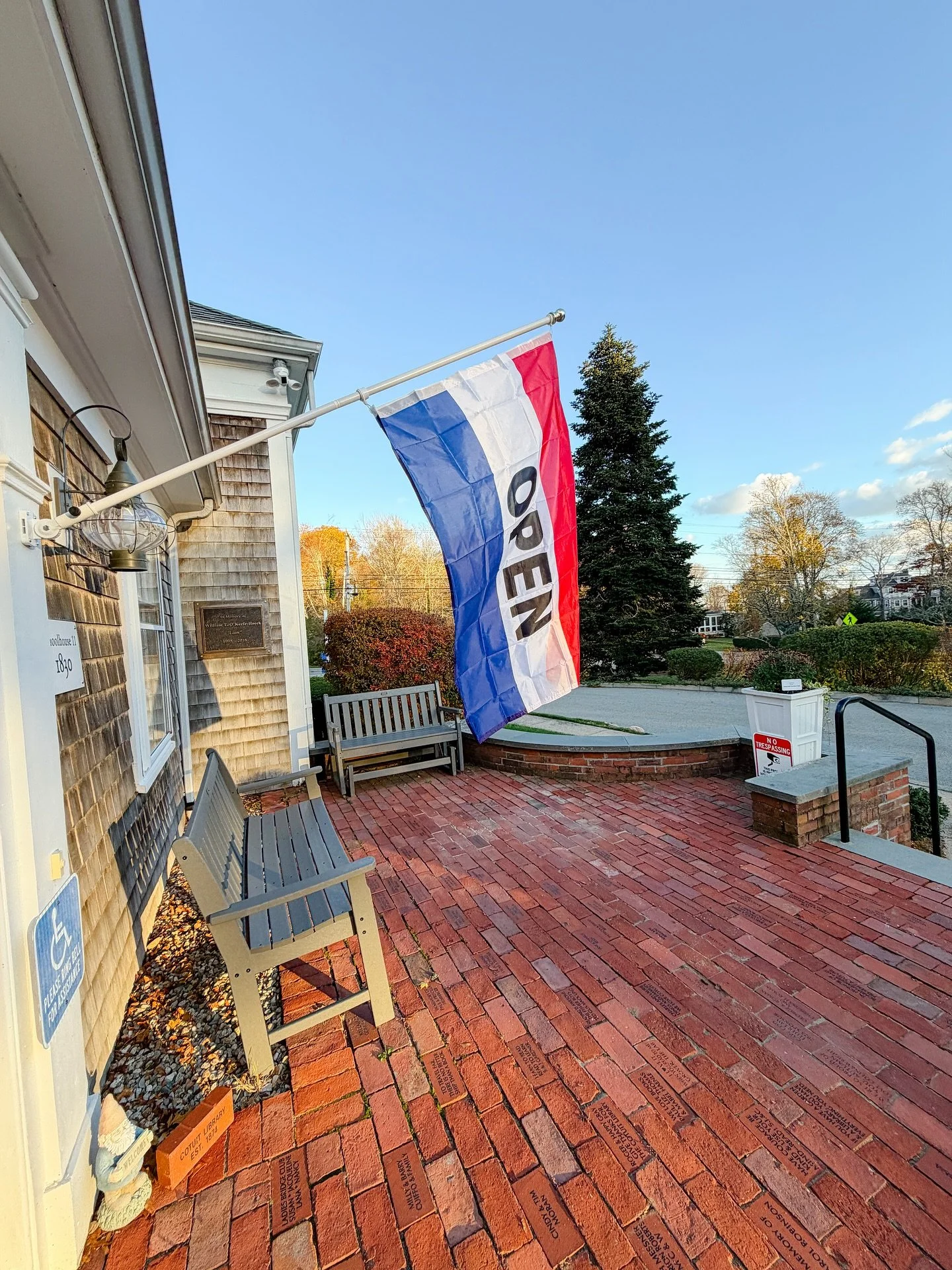 Introducing&hellip; our new OPEN flag!

Thanks to some of our incredible Friends of Cotuit Library, this was installed today! And you can even see it from the street!