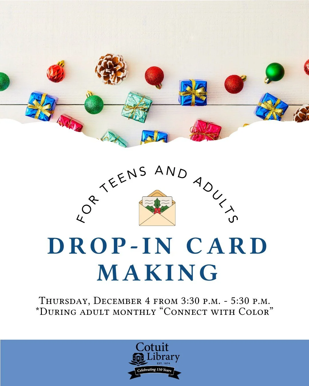 ✨ Add a handmade touch this holiday season! Stop by the library to craft your own holiday or special occasion card using the materials we have available. No registration needed &mdash; just drop in and create!

📅 Thursday, December 4, 2025
🕞 3:30 P