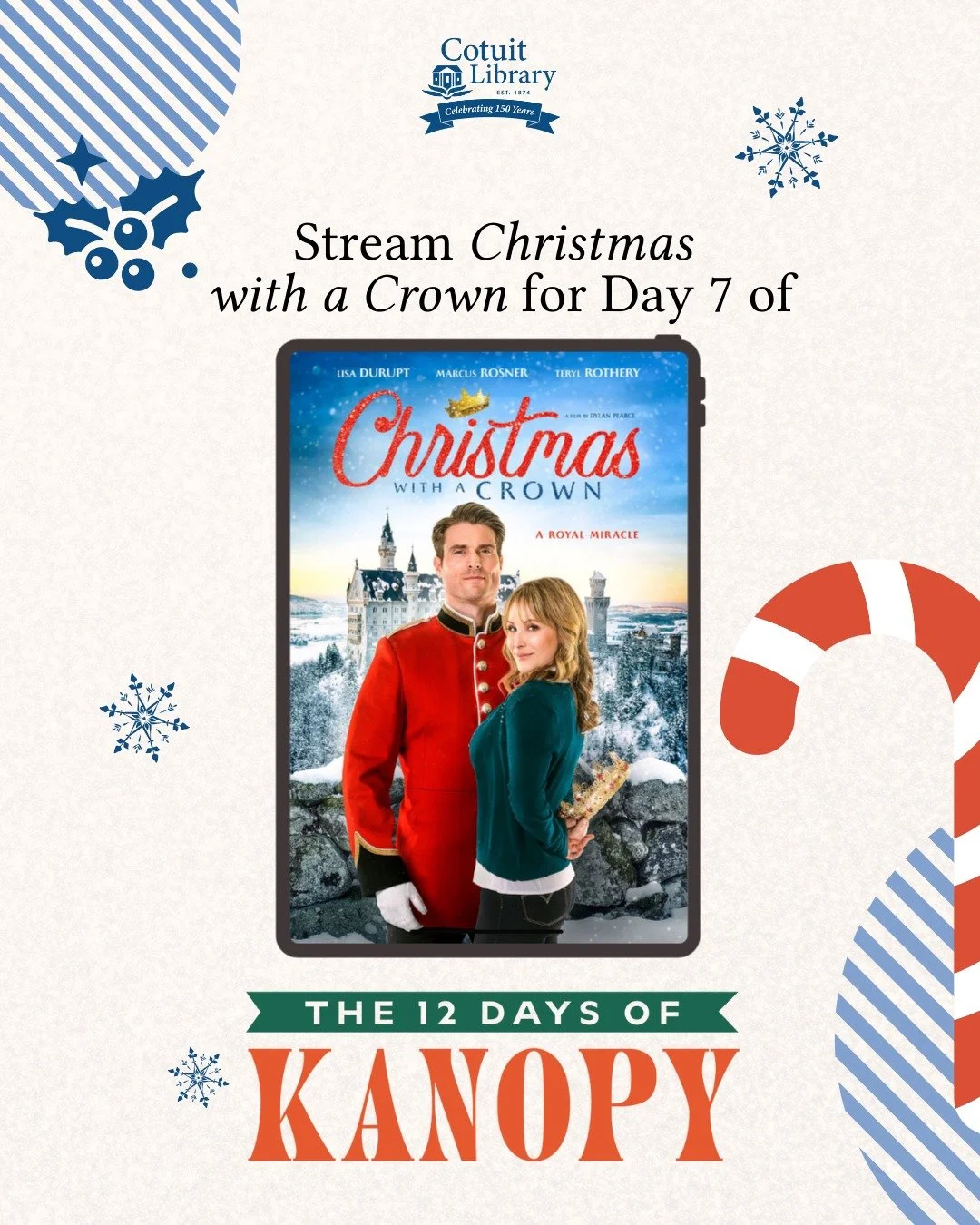 Day 7 of 12 Days of Kanopy! 👑🎄

When a small-town holiday festival gets a royal twist, anything can happen! Christmas with a Crown is a heartwarming holiday movie. 

Stream it free on Kanopy: kanopy.com/product/
christmas-crown