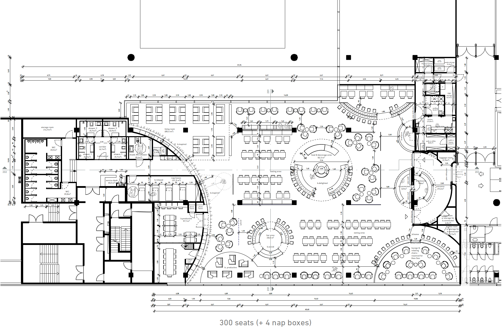 Arrangement of open versus more enclosed zones and areas