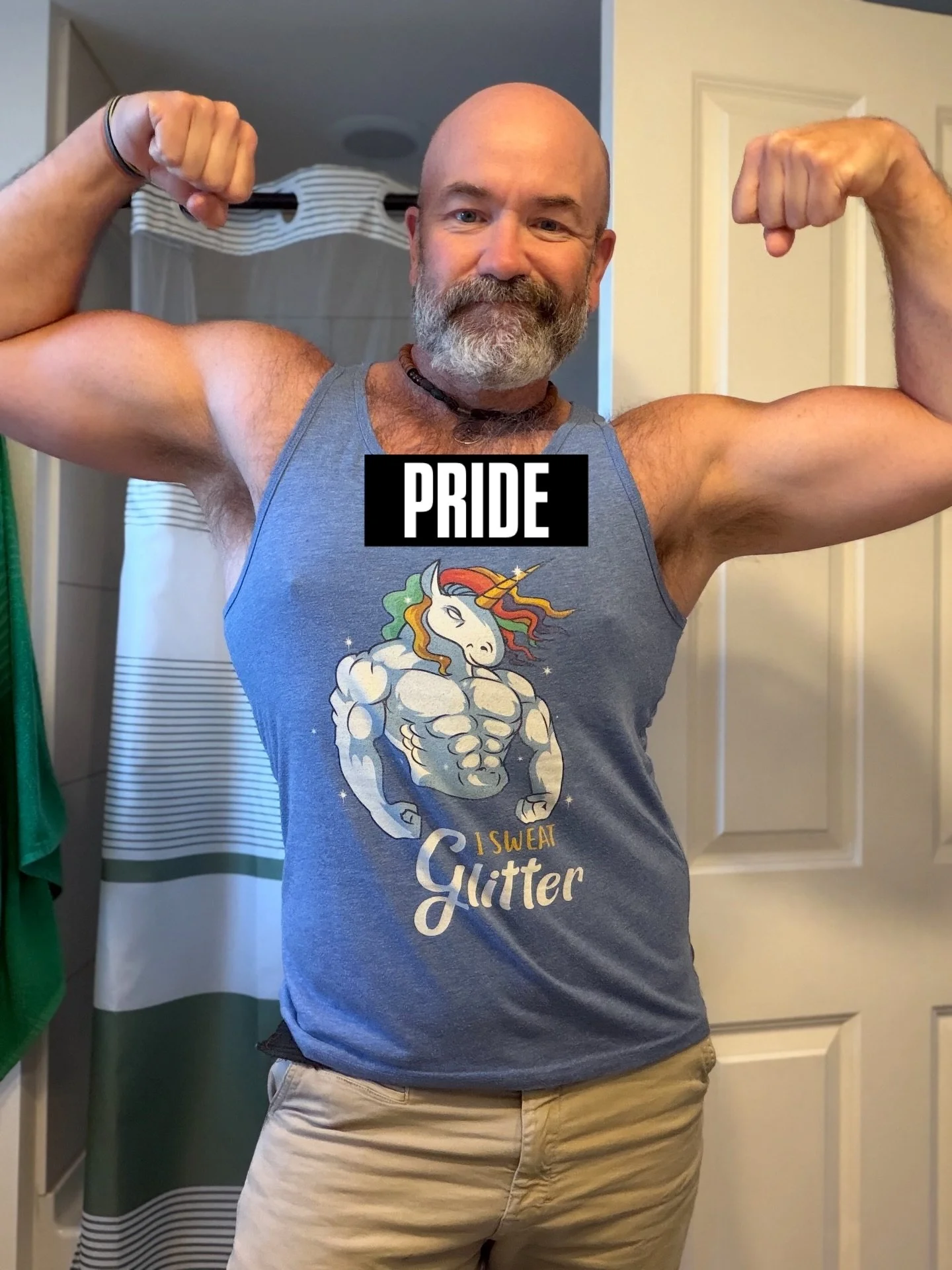 This tank top has a history. 

It was one of the first overtly Proud pieces of clothing I ever wore to a gym. Full of scary muscle bros and yo&rsquo;s, I slipped this on, braced for whatever might come my way, and just showed up to lift. 

Nearly a d