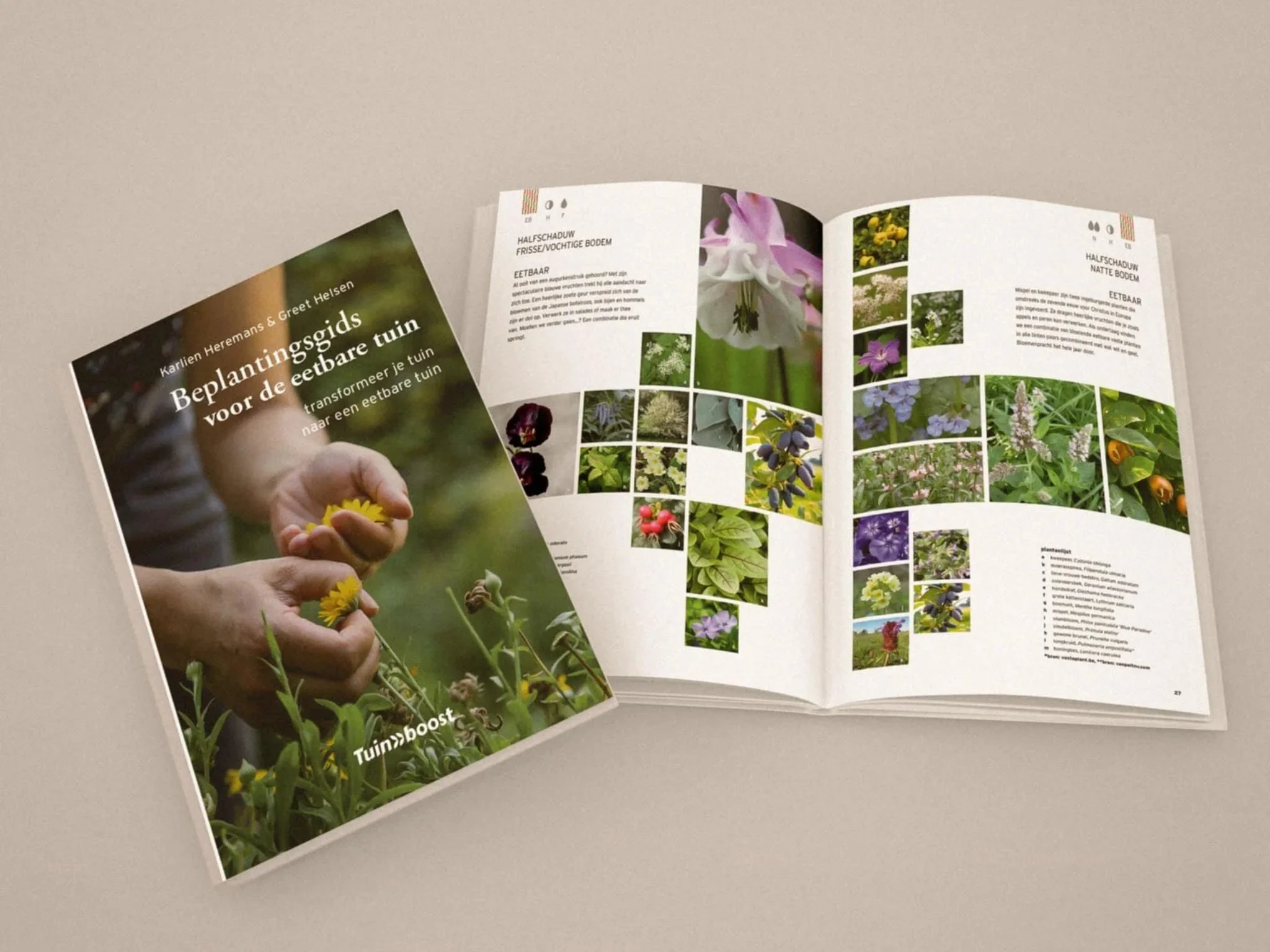 Een tuinbeplantingsgids met foto's en tekst over eetbare planten en bloemen.