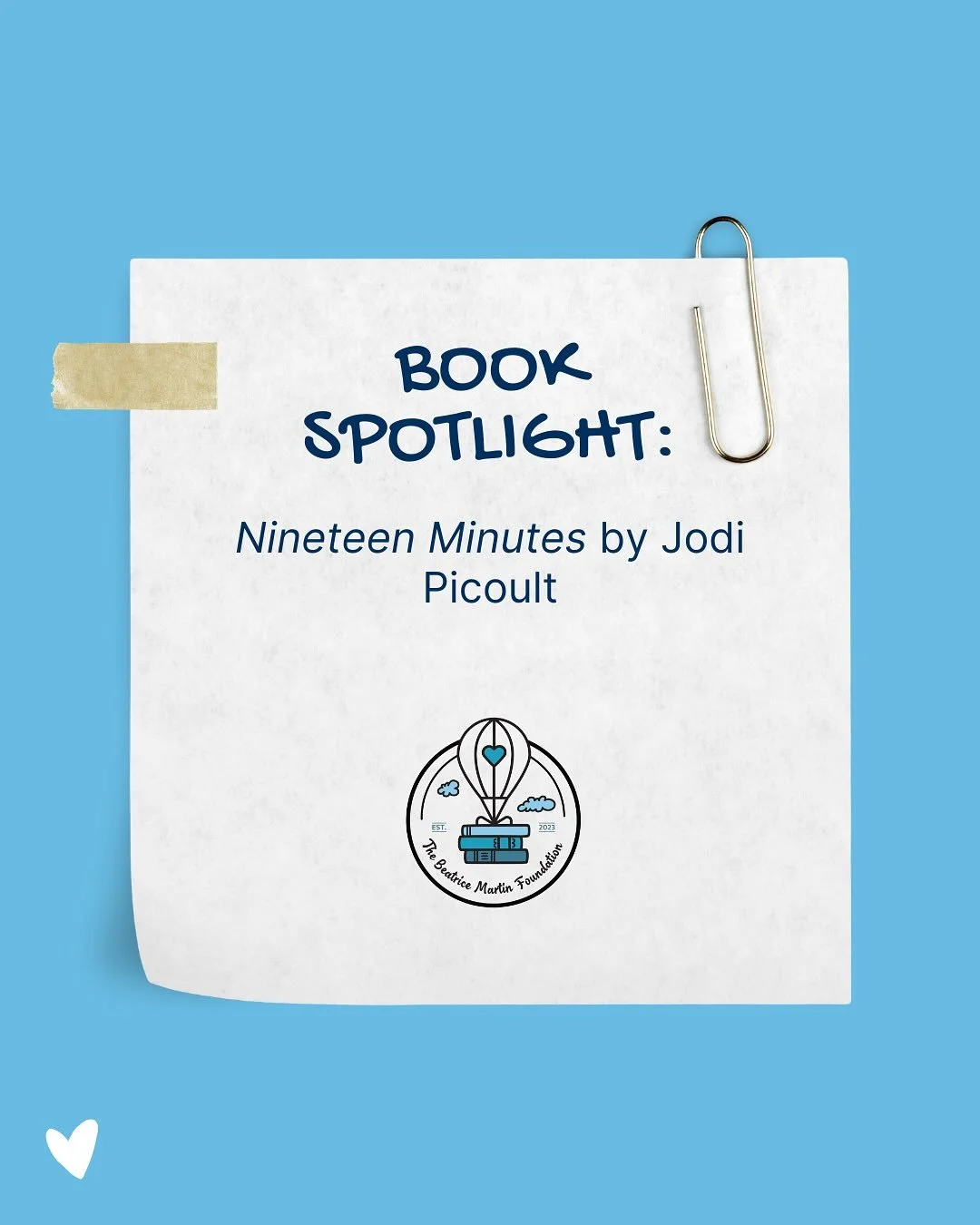 Check out thebeatricemartinfoundation.org to learn more about book bans! 🩵

#readbannedbooks #nineteenminutes #thebeatricemartinfoundation #nonprofit #literacymatters