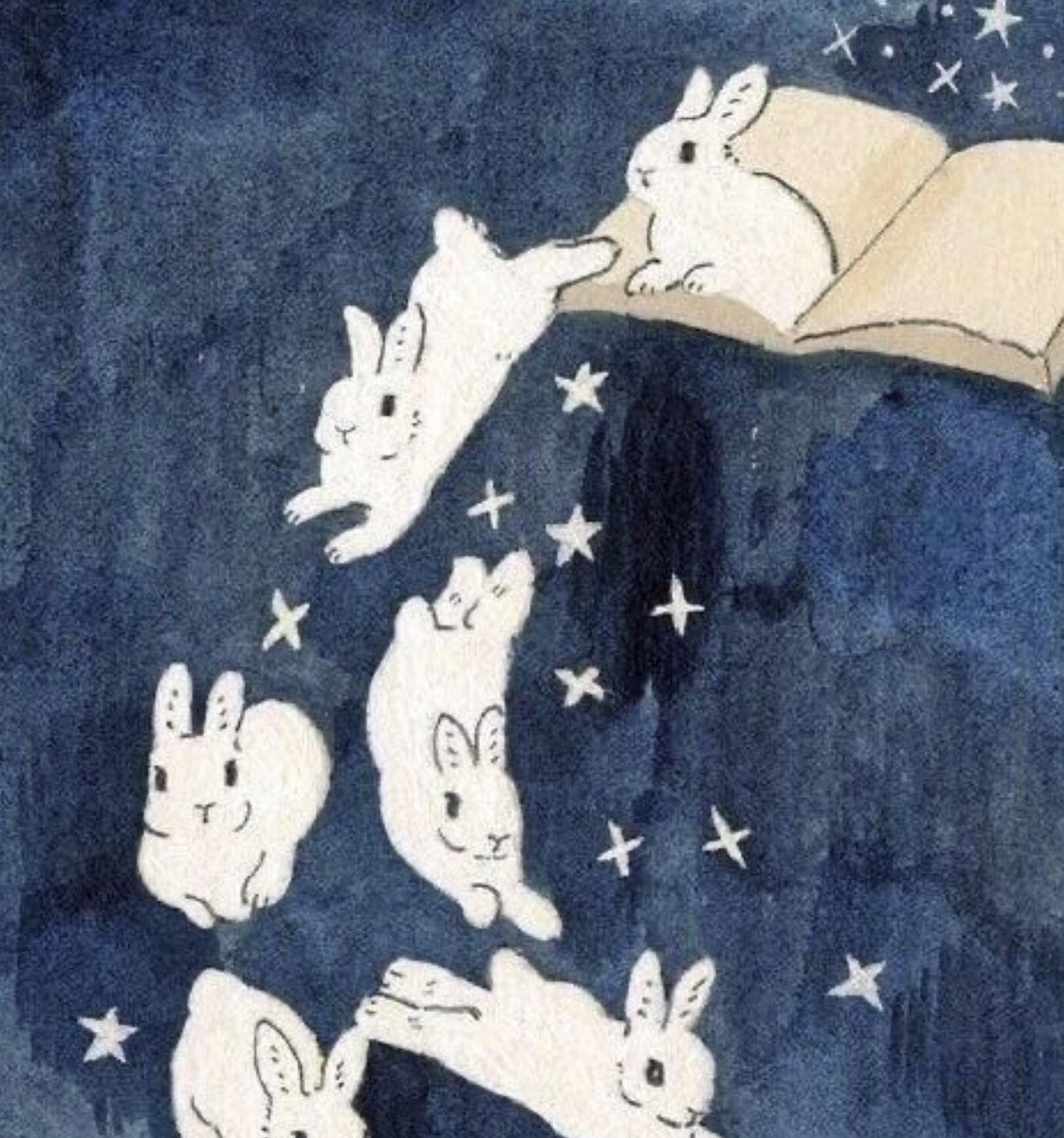 A drawing of six white rabbits with black eyes, some on a dark blue background with stars and some on a beige surface. One rabbit is on a blanket, and others are around in different poses, creating a whimsical scene.