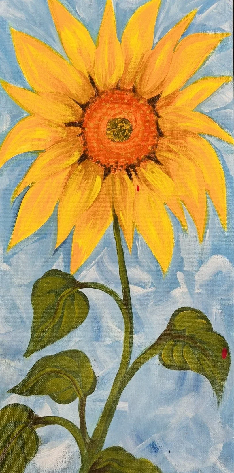 Painting of a sunflower with yellow petals, green leaves, and a light blue background.