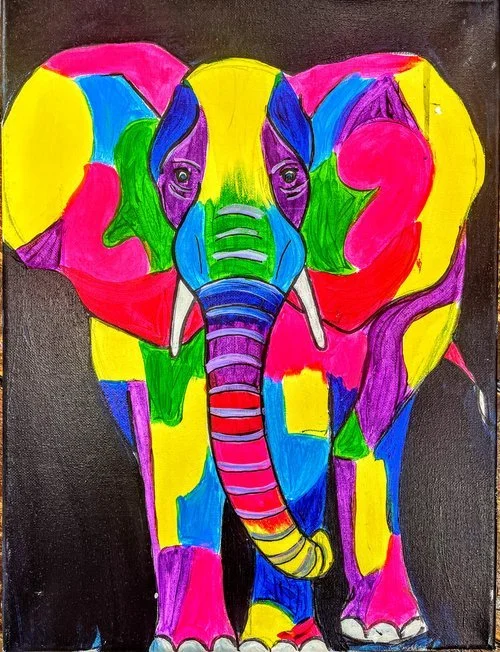 Colorful elephant illustration with vibrant patches of blue, green, yellow, pink, and purple.