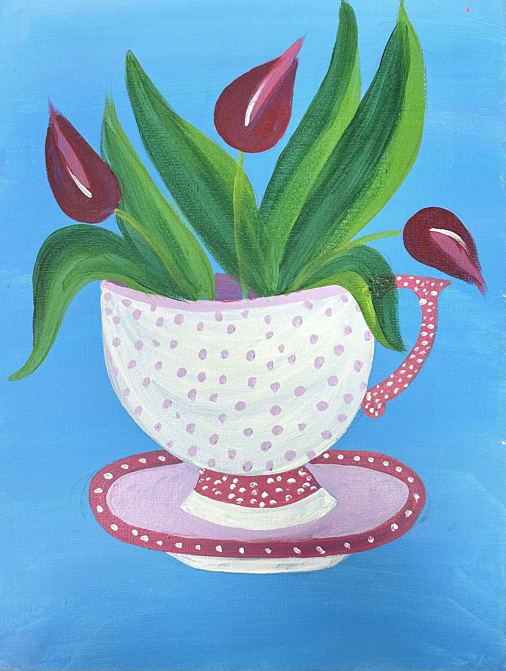 Painting of a teacup with green leaves and red flowers on a blue background.