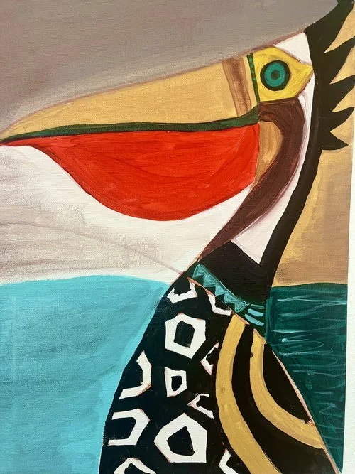 Abstract painting of a bird with geometric shapes and vibrant colors, featuring a prominent red beak, turquoise and yellow patterns, and a textured background.