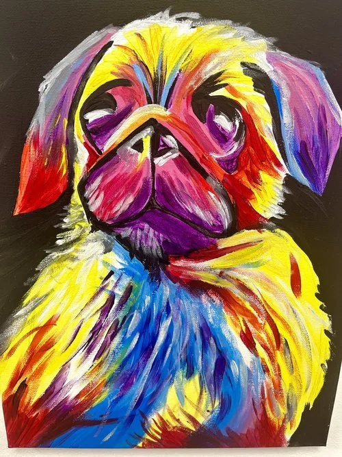 Colorful abstract painting of a dog, possibly a pug, with vibrant brushstrokes in red, yellow, blue, and purple.