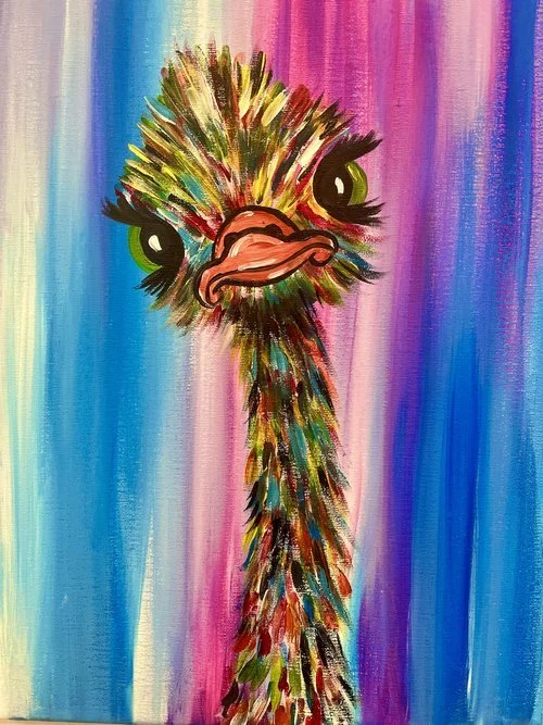 Abstract painting of an ostrich with colorful feathers and a vibrant background.