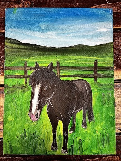 Painting of a black horse in a green field with a wooden fence and hills in the background under a blue sky.