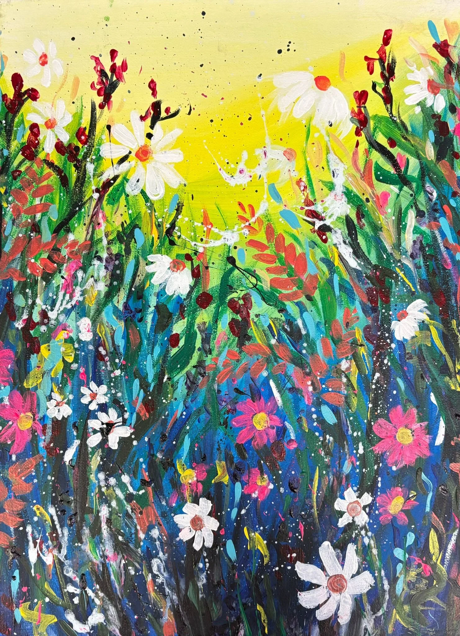 Vibrant abstract painting of colorful flowers with a yellow background