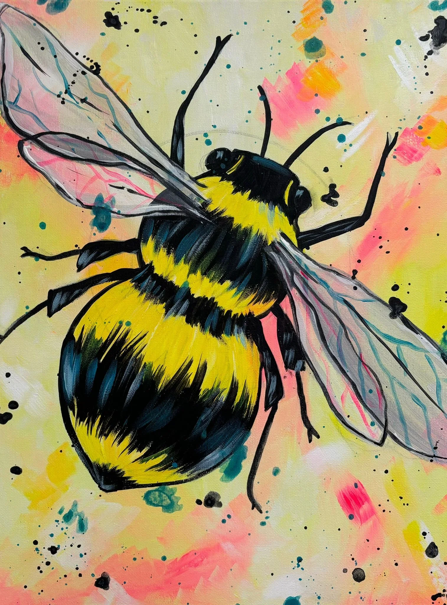 Colorful abstract painting of a bee with vibrant wings and blurred, mixed-background splatters of pink, yellow, and blue.