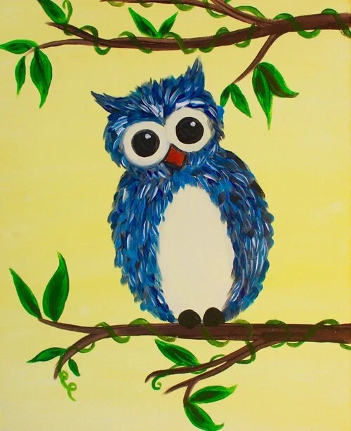 Colorful painting of a cute blue owl with large eyes perched on a branch with green leaves against a yellow background.