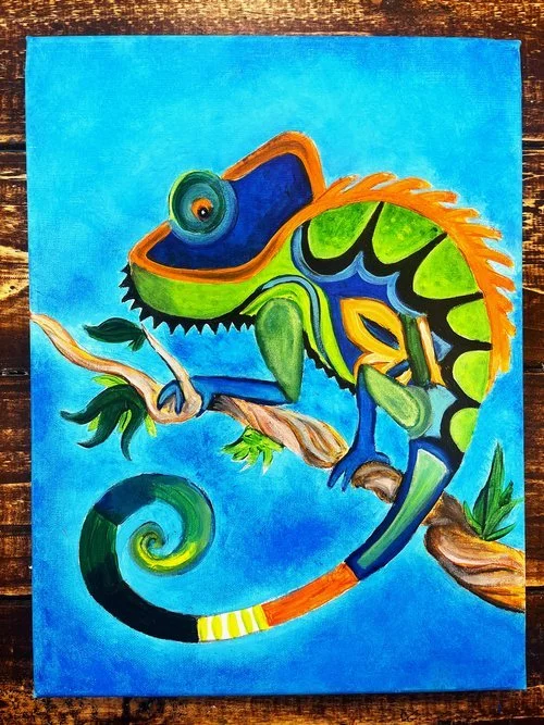 Colorful abstract painting of a chameleon sitting on a branch against a blue background.