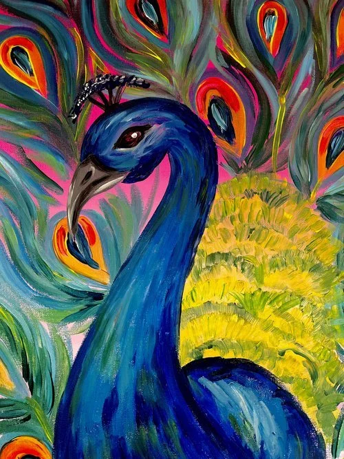 Colorful painting of a peacock with vibrant feathers.