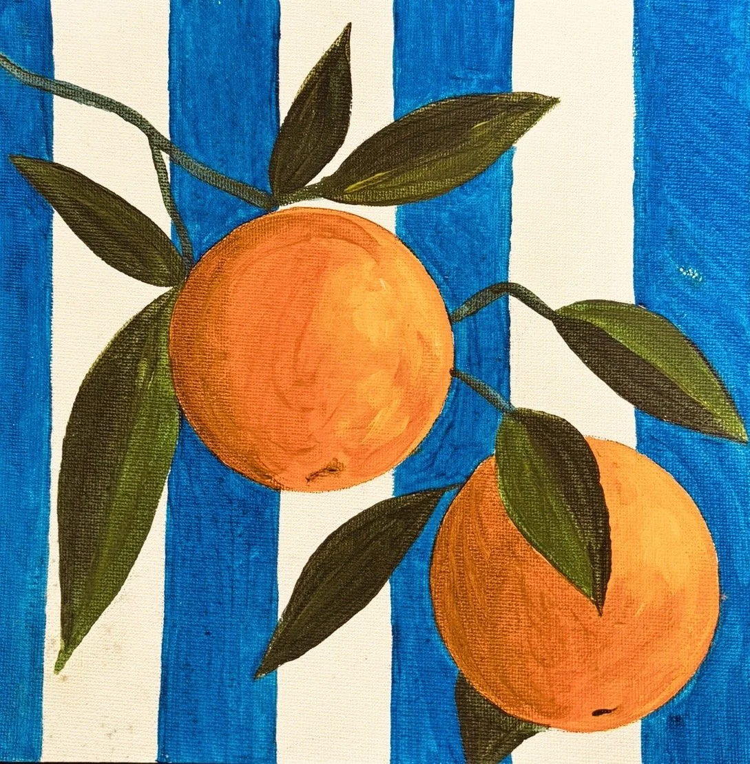 Painting of two oranges with green leaves on blue and white stripes background.