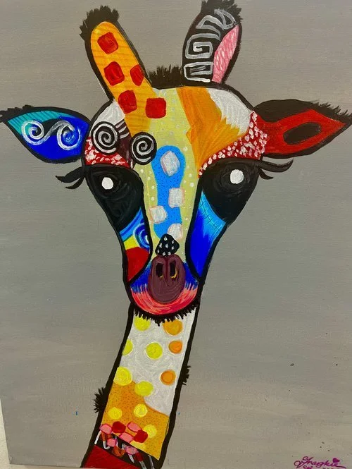 Colorful abstract painting of a giraffe facing forward with a variety of bright patterns on its neck and face.