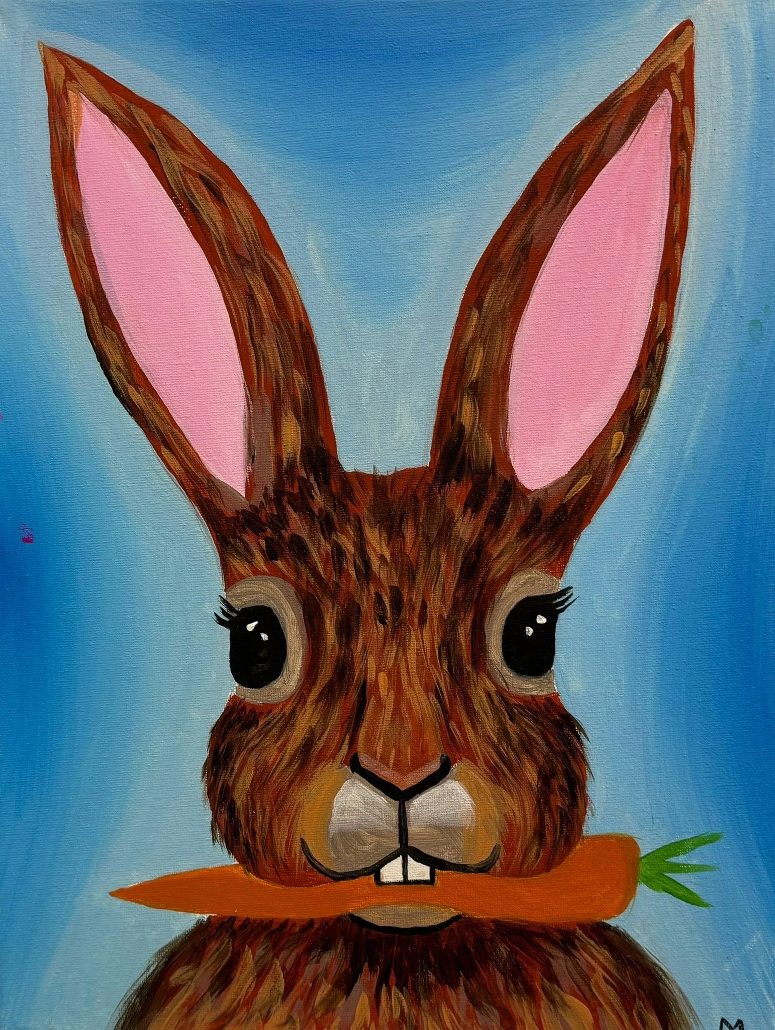 Painting of a rabbit with a carrot, large eyes, long ears, against a blue background.