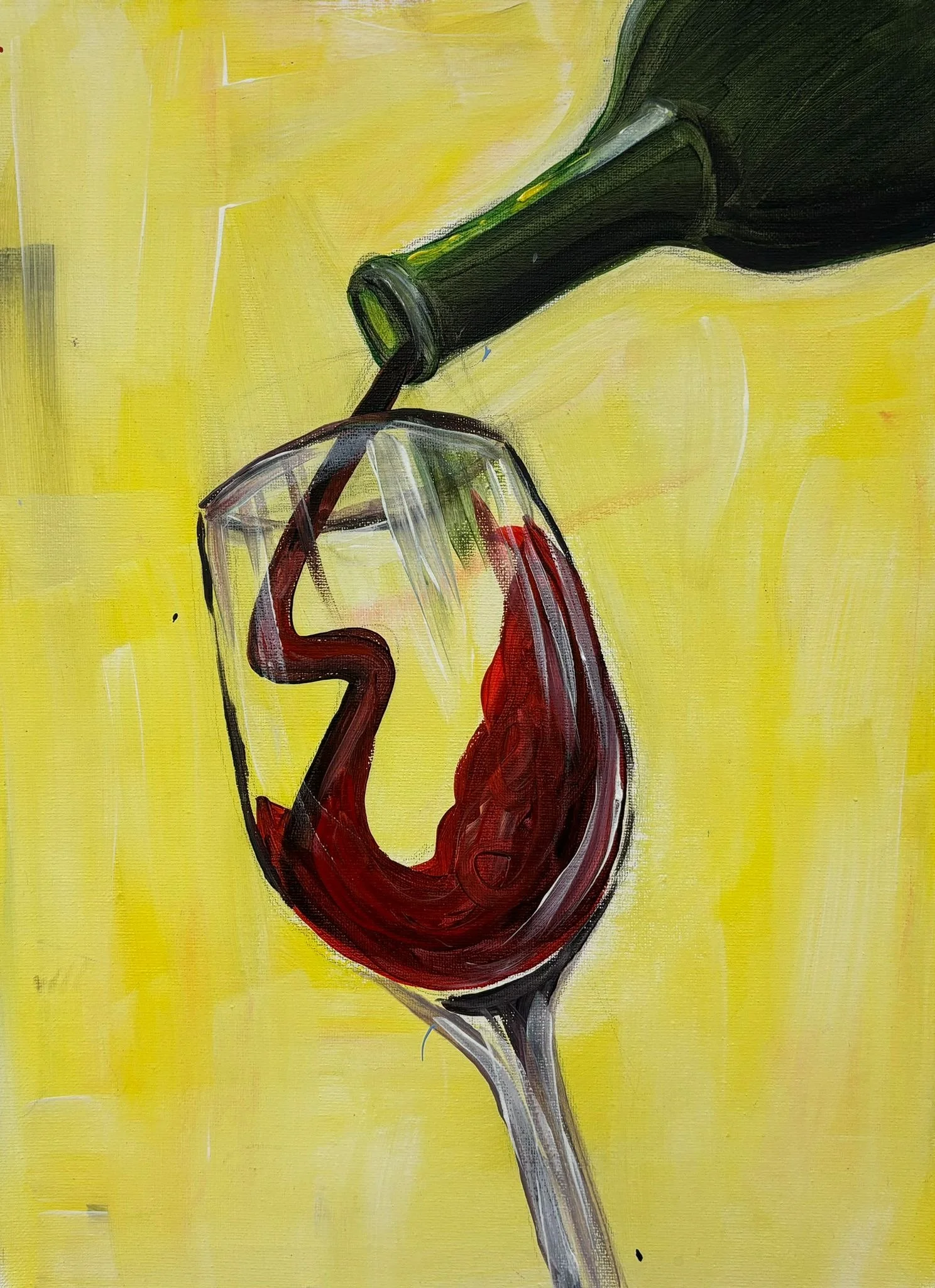 Abstract painting of wine pouring into a glass with a yellow background.