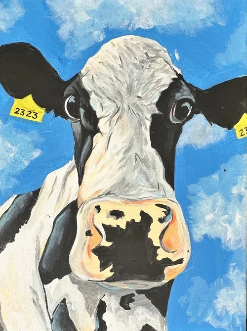 Painting of a black and white cow with yellow ear tags against a blue sky.