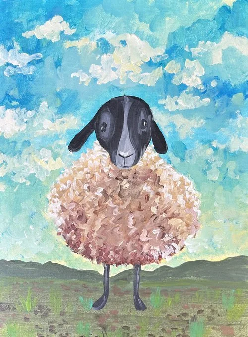 Whimsical painting of a sheep with a fluffy wool coat and a curious face against a blue sky with clouds.