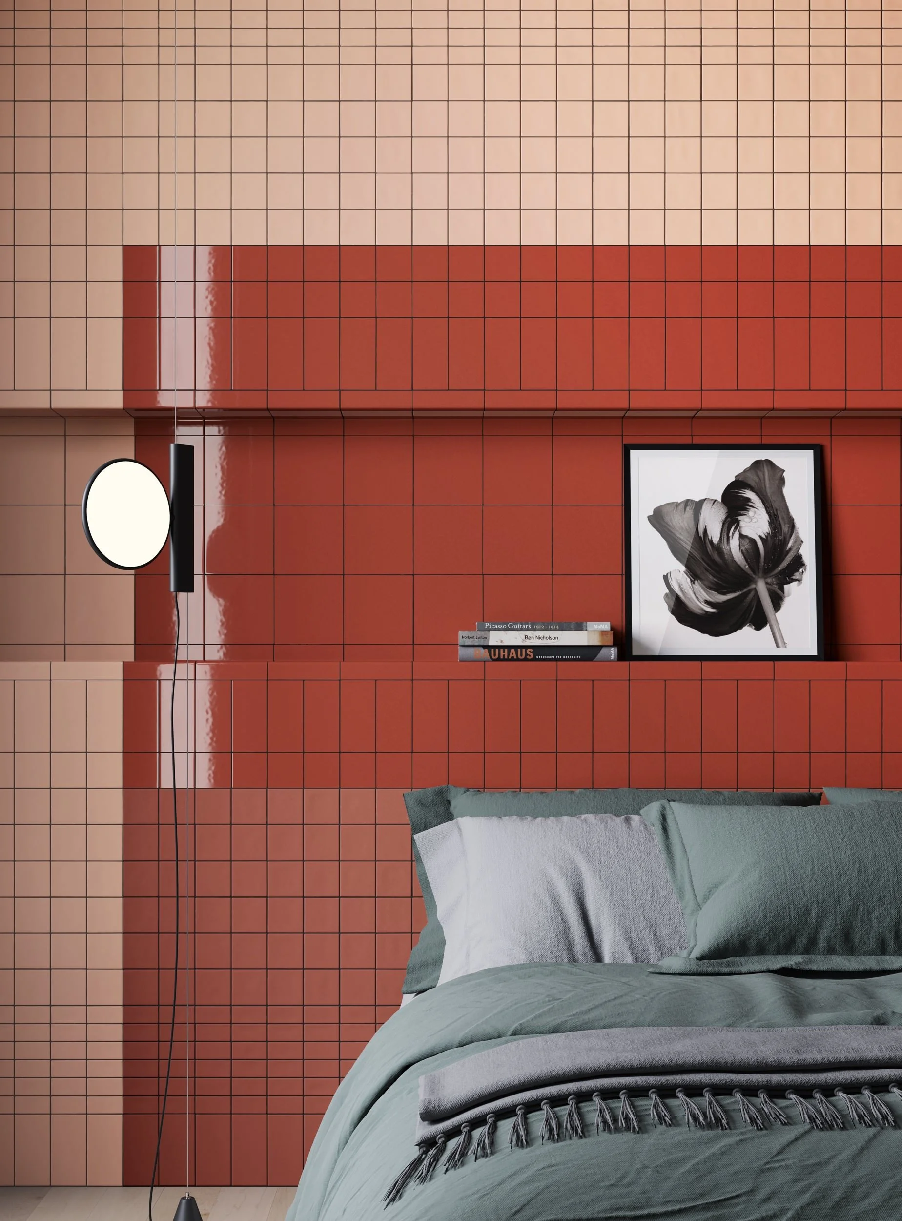 Bedroom interior with red and beige ceramic tiles and natural stone accents.
