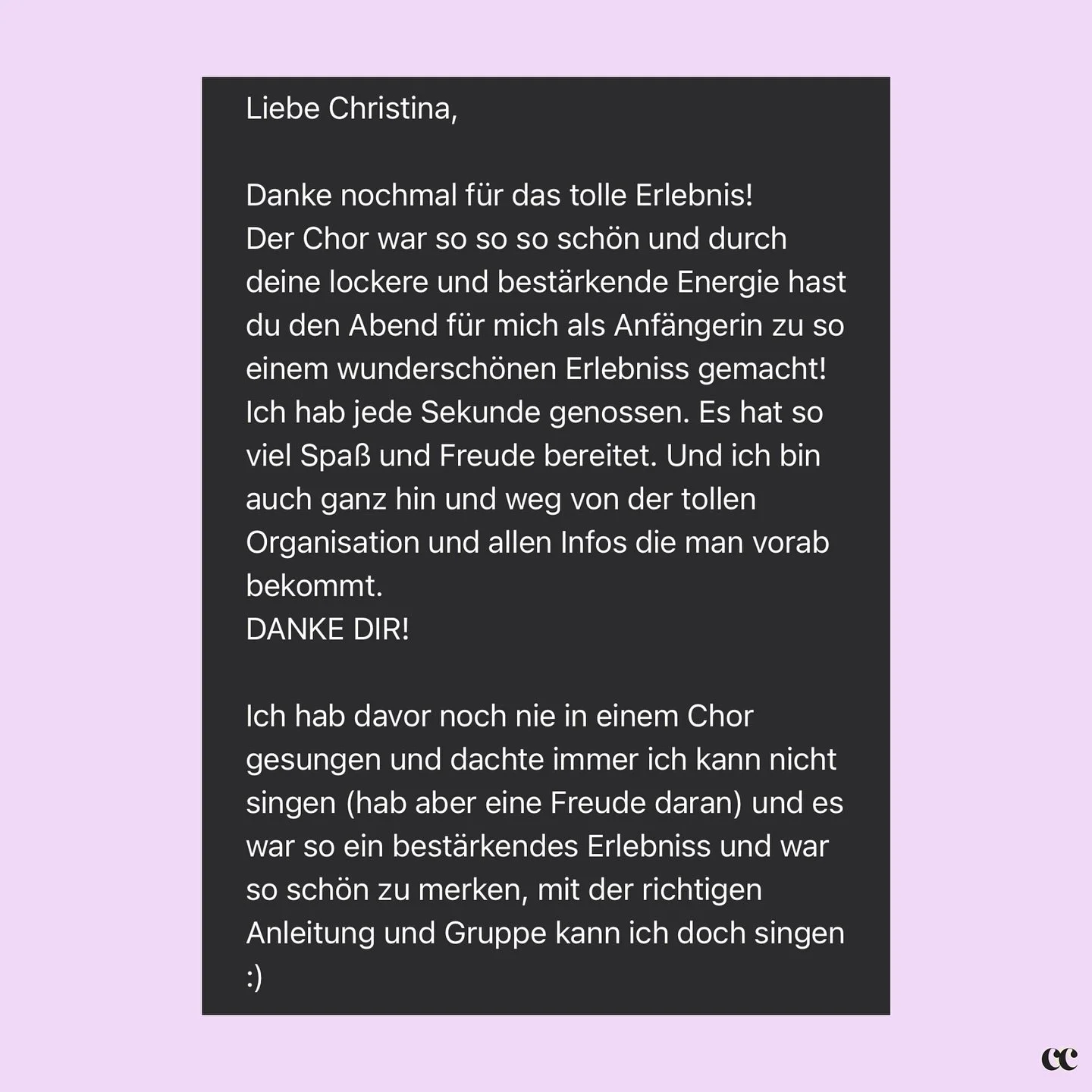 wenn ich solche Nachrichten von euch bekomme, geht bei mir wirklich die Sonne auf. vielen dank, dass ich so viel von der Energie, die ich in ClickCollective &amp; in die OpenChoirs stecke, direkt wieder zur&uuml;ckbekomme. das bedeutet mir wirklich d