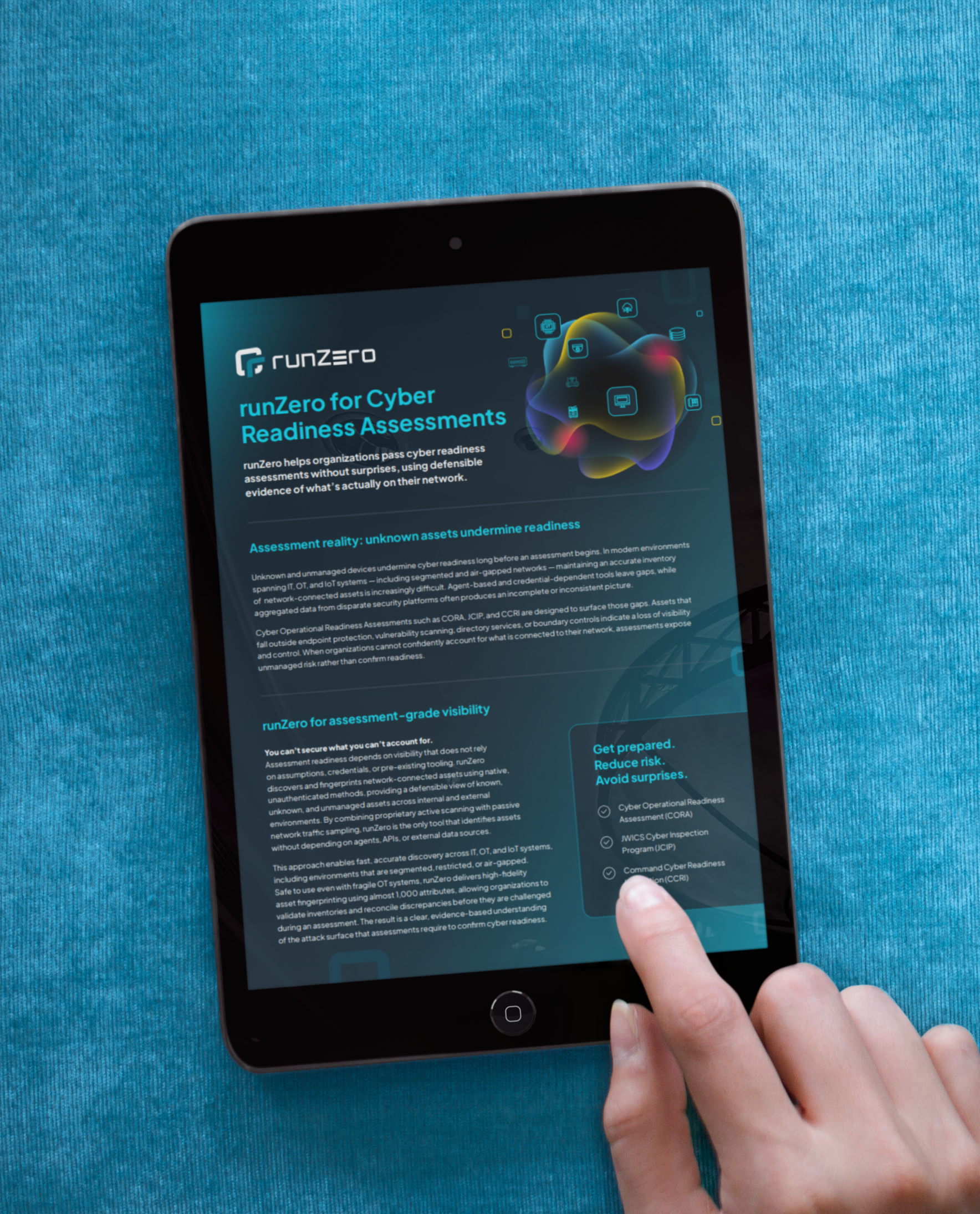 iPad showing runZero cyber readiness assessment solution brief, with someone's hand tapping the screen's lower right corner 
