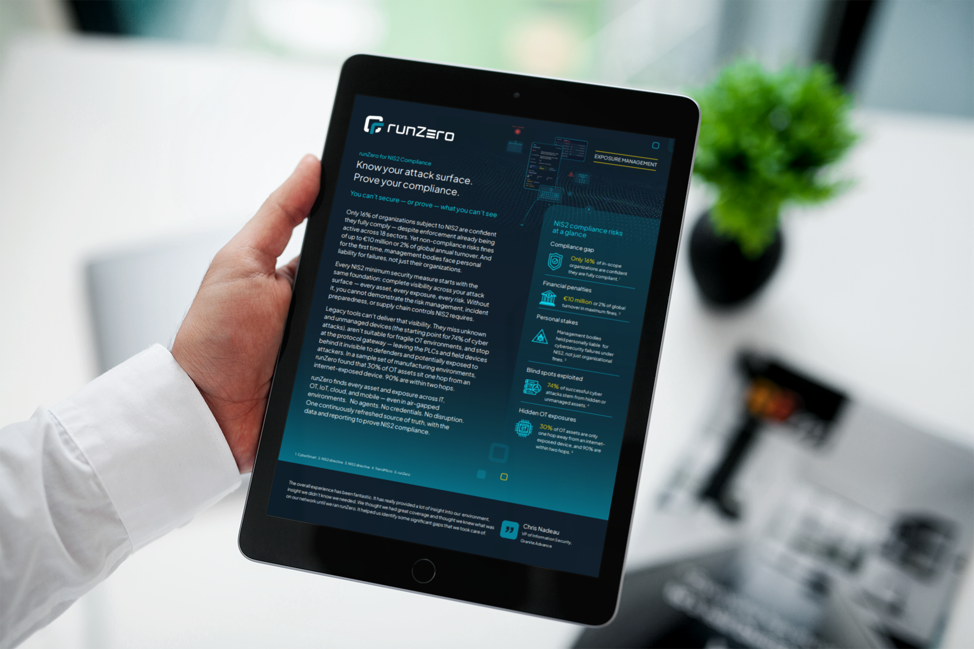 iPad showing runZero NIS2 compliance brief, held up by a man's hand