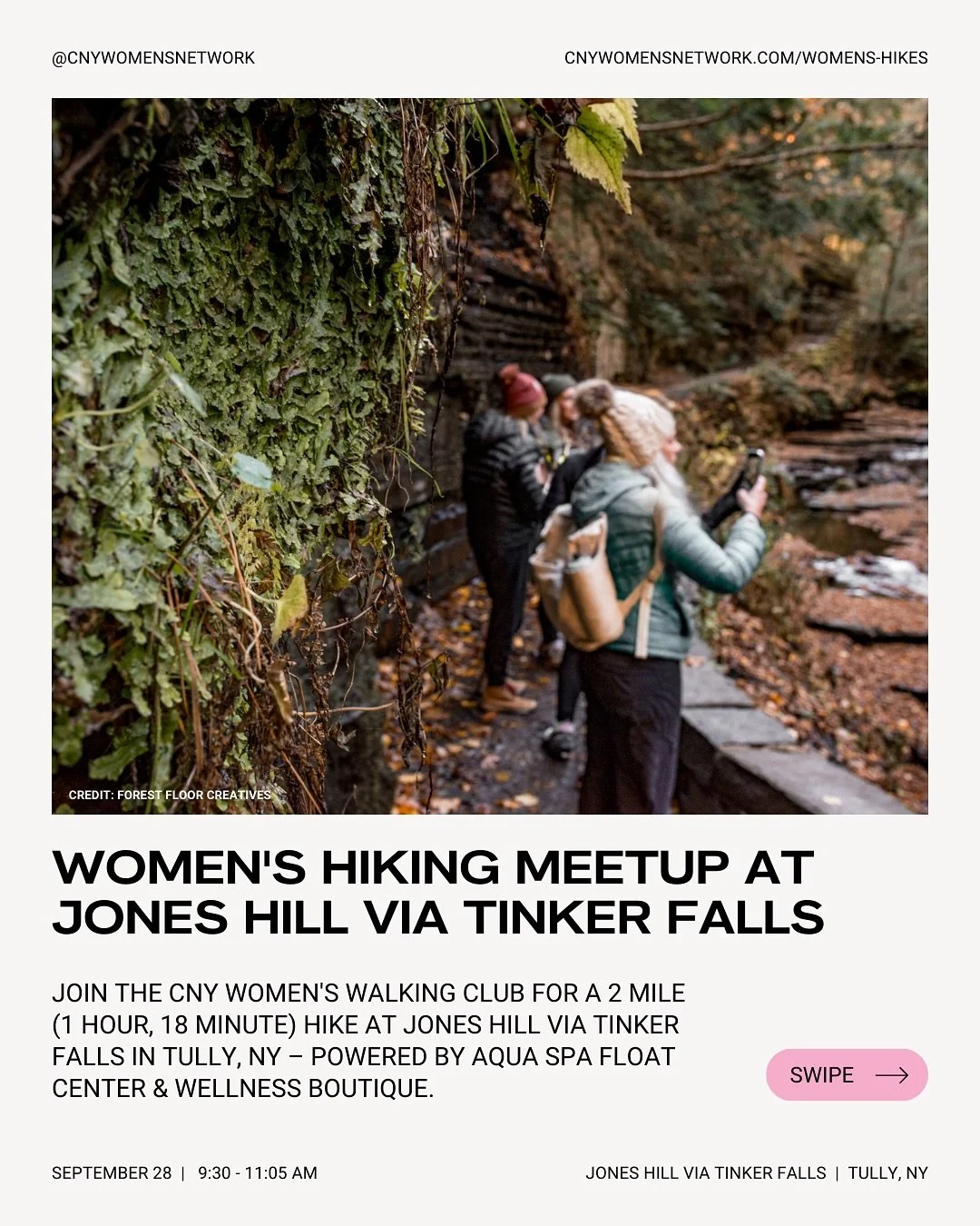 Come join the CNY Women&rsquo;s Walking Club for our first fall hike of the season in Tully, NY on Sunday, September 28th.

This moderately challenging 2-mile hike at Jones Hill offers beautiful views of Labrador Pond and early signs of fall. You&rsq