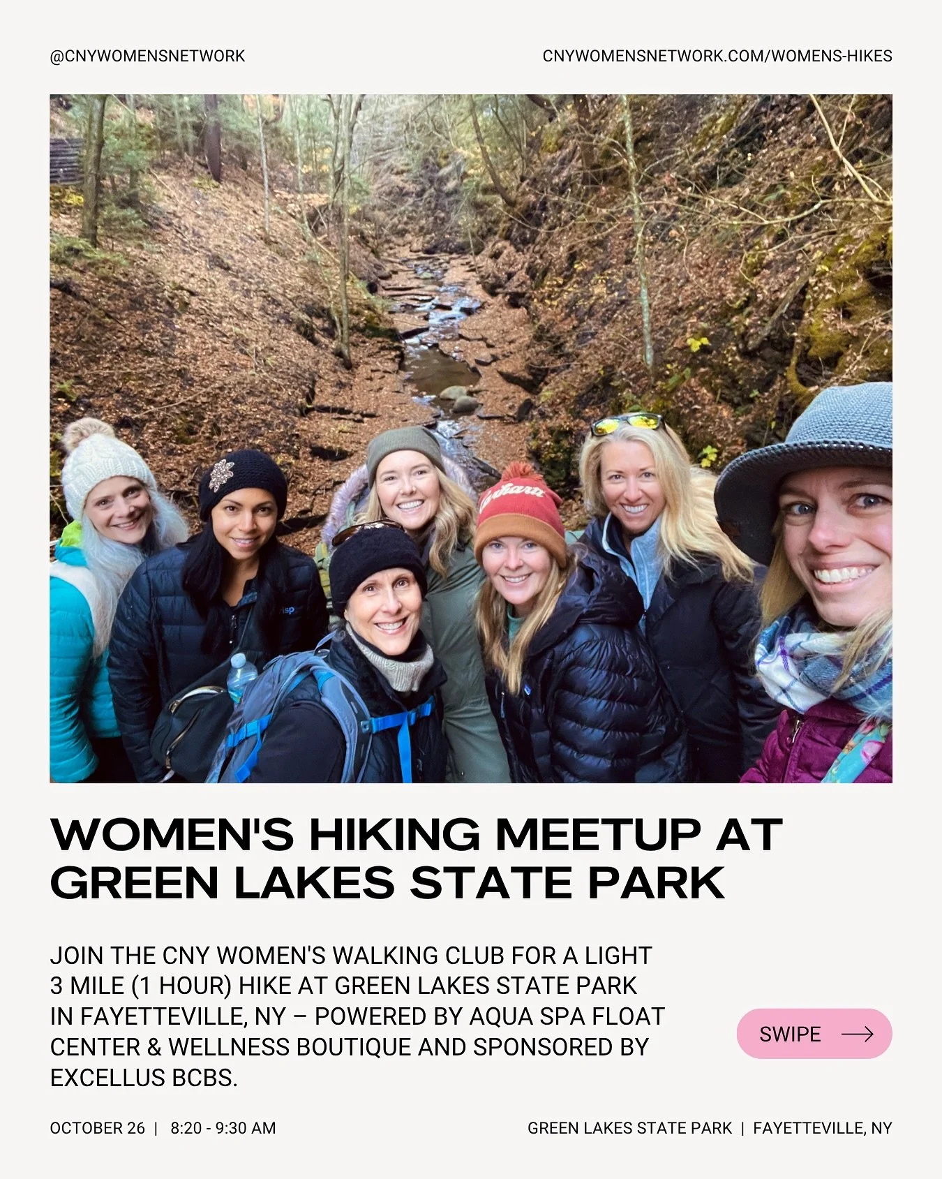 Join the CNY Women’s Walking Club for our last hike of the year at Green Lakes State Park on Sunday, October 26th.
This easy 3-mile trail takes about an hour and loops around two beautiful meromictic glacial lakes: Green Lake and Round Lake.
