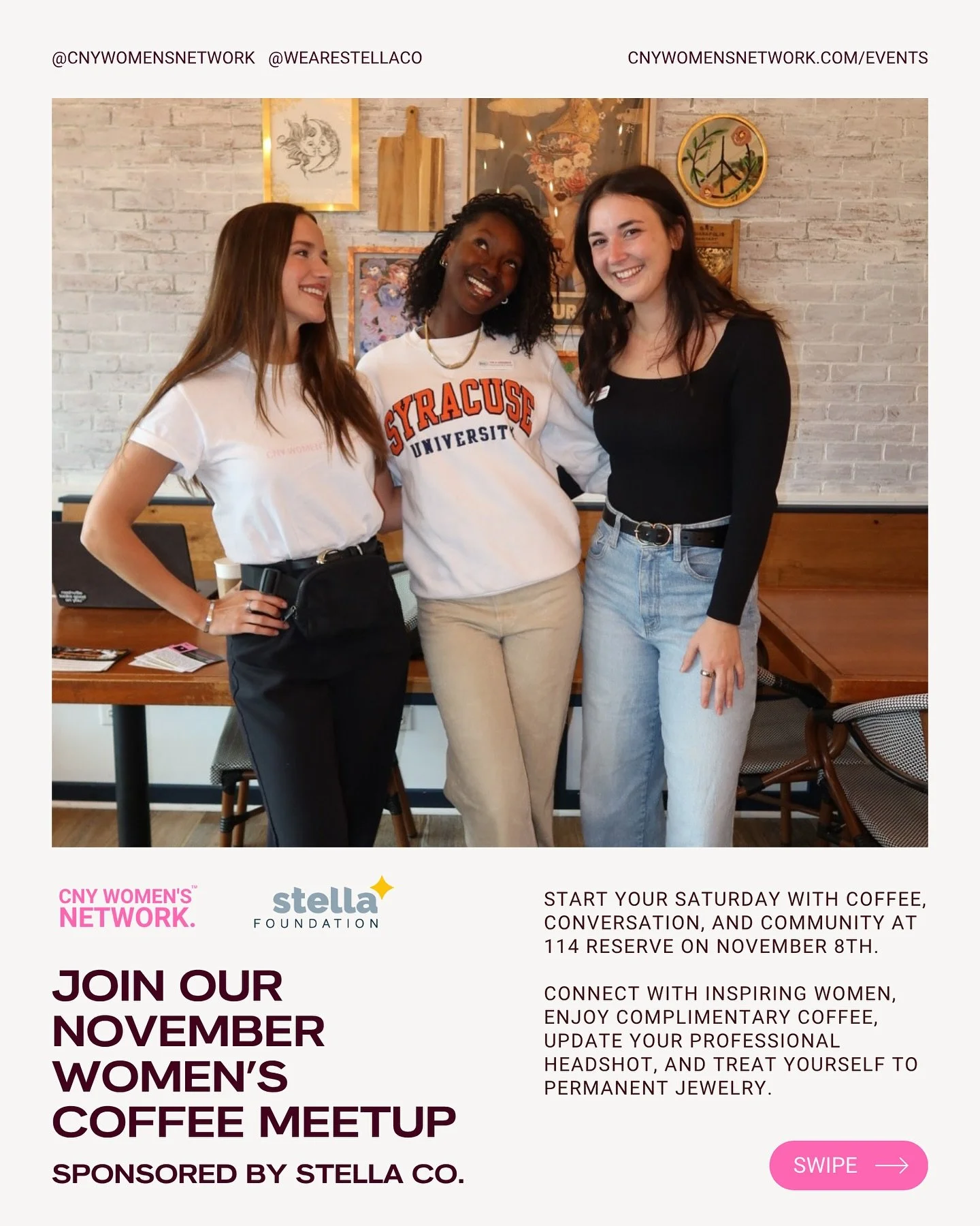 We’re bringing our Women’s Coffee Meetup to Fulton, NY! ☕️
Join the CNY Women’s Network on Saturday, November 8th at @114_reserve for coffee, conversations, professional headshots, and jewelry!
Your first cup of drip coffee or col