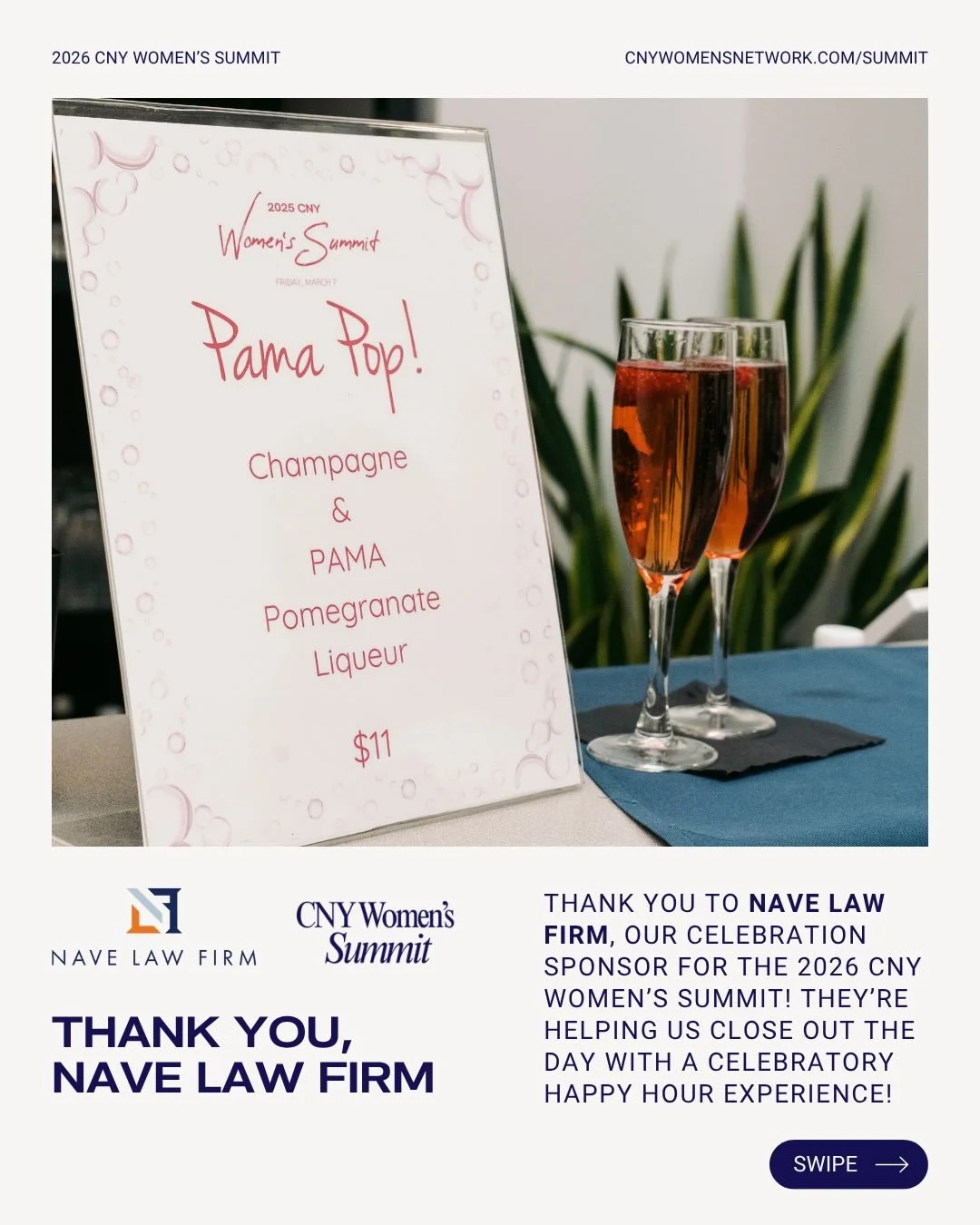 The countdown is on. 🥂

Tomorrow we close out the 5th Annual CNY Women&rsquo;s Summit with a Happy Hour celebration hosted by our Celebration Sponsor, Nave Law Firm.

Enjoy a curated cocktail menu featuring signature drinks inspired by the Nave team