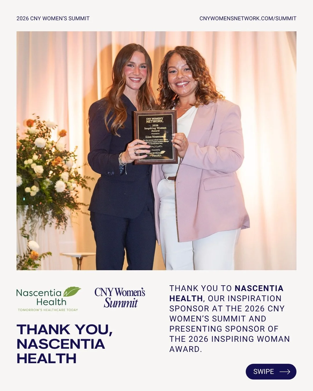 We&rsquo;re grateful to Nascentia Health, Inspiration Sponsor of the 2026 CNY Women&rsquo;s Summit and sponsor of the Inspiring Woman Award. 💜

This year&rsquo;s honoree of the Inspiring Woman Award is Lisa Marie Newcomb (@thrivewithlisamarie), Foun