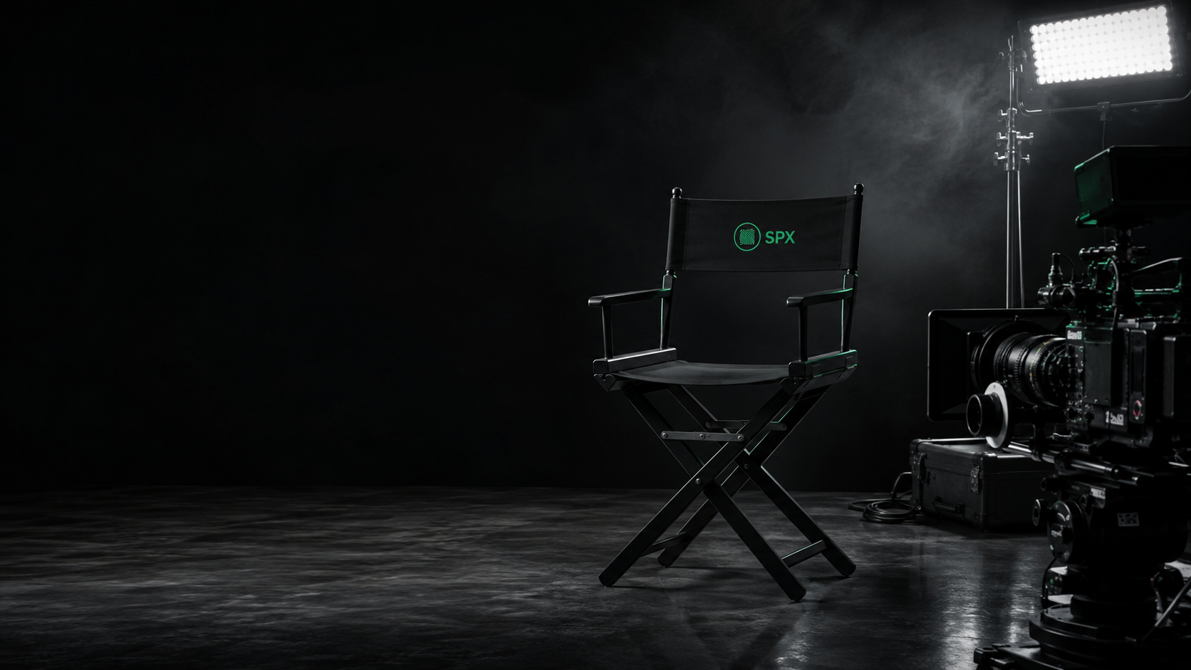 A director's chair with the COMPANY logo on it on marble floor, waiting for production to begin