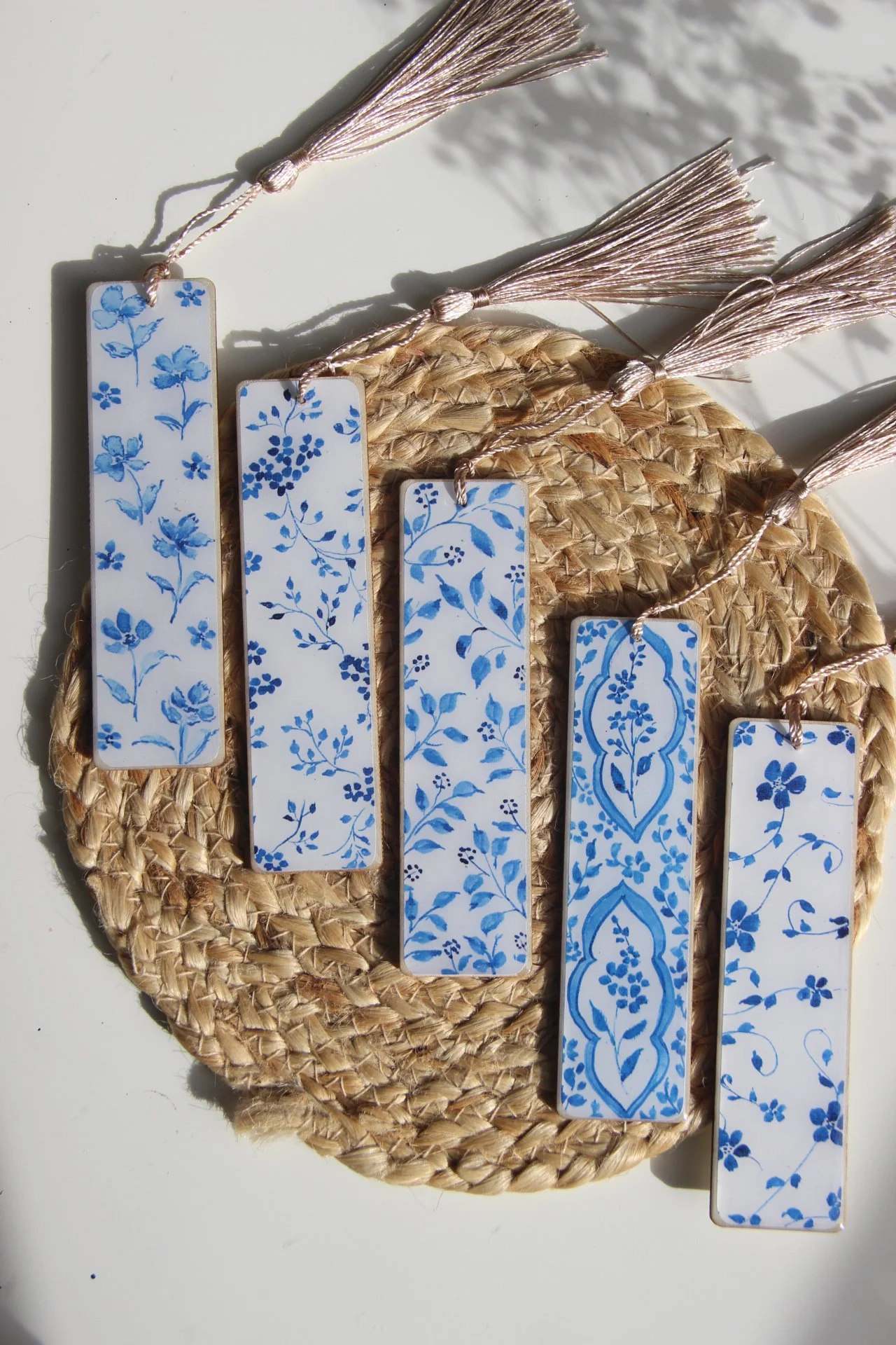 Set of illustrated bookmarks with intricate blue-and-white floral and ornamental patterns inspired by Dutch Delft ceramics and Jaipur blue pottery from India (Copy) (Copy) (Copy) (Copy)